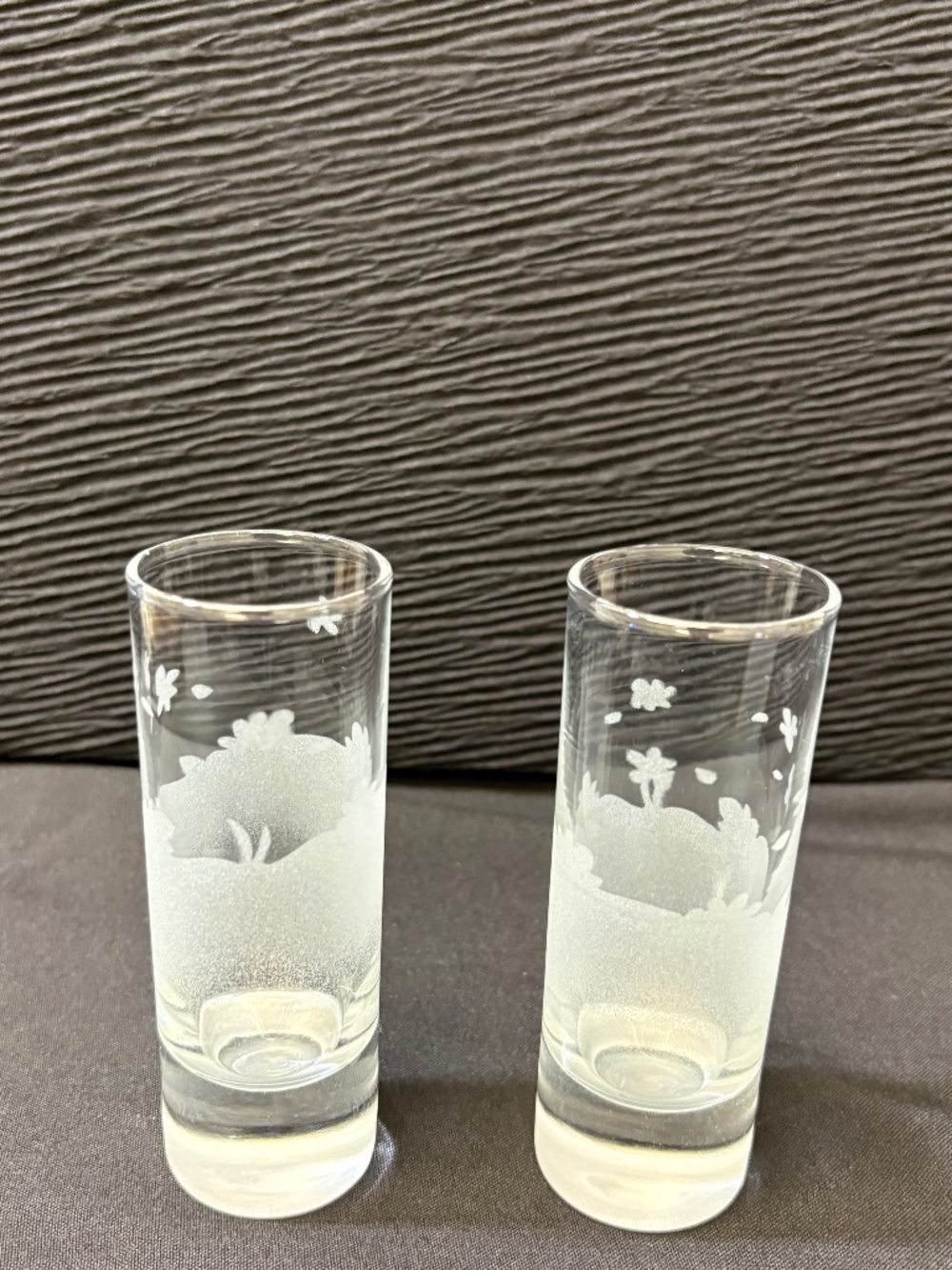 Set of 2 Vintage Japanese Sake Shot Glasses, Etched Cherry Blossom Tall Shooters